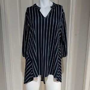 Chic Navy Blue Striped V-Neck Tunic Women's L/XL